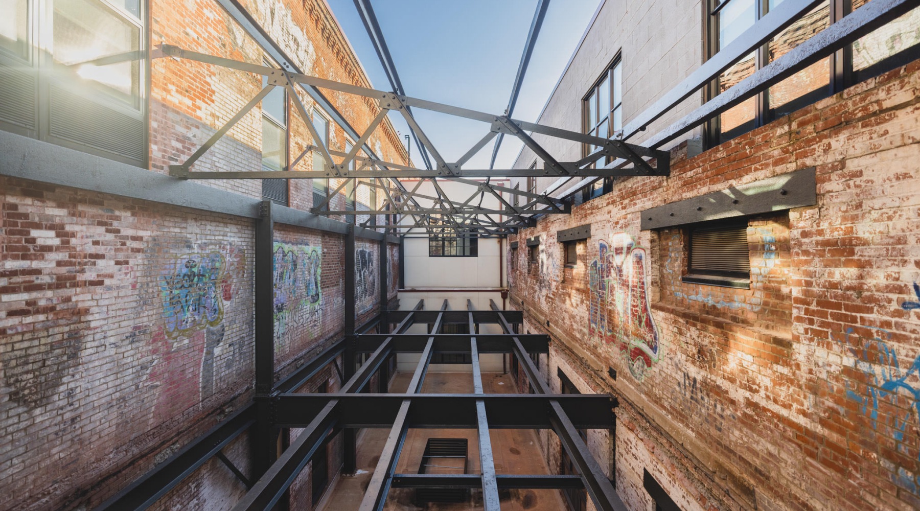 brick building with rafters